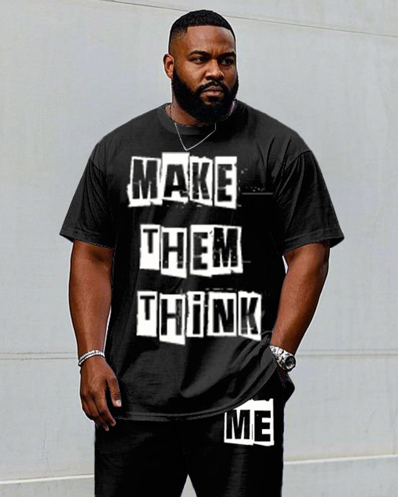 Men's Big "Let Them Think Me" Slogan Printed Short-Sleeved T-Shirt Pants Suit
