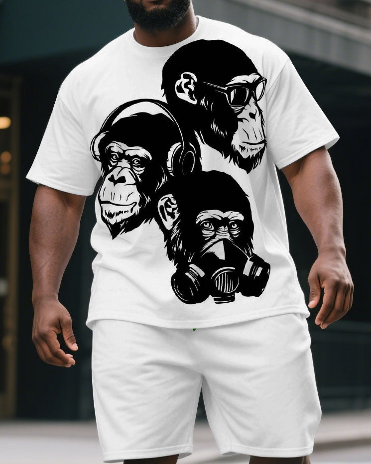 Men's Big & Tall Cartoon Three Gorillas Print Casual Short-Sleeved T-shirt and Short 2-piece Set