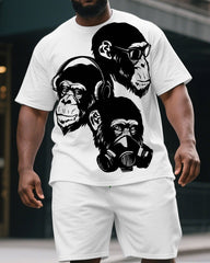 Men's Big & Tall Cartoon Three Gorillas Print Casual Short-Sleeved T-shirt and Short 2-piece Set