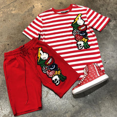 Plus Size Men's Red Stripes T-shirt Shorts Two-Piece Set