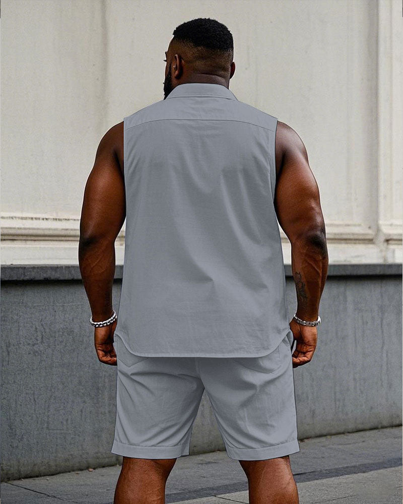 Men's Plus Size Sleeveless Vest Shirt Shorts Suit-Solid 10 Color Choice