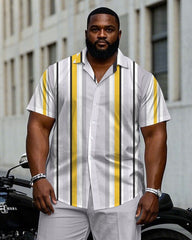 Men's Plus Size Light Gray Fashion Vertical Stripe Short Sleeve Shirt Pants Suit