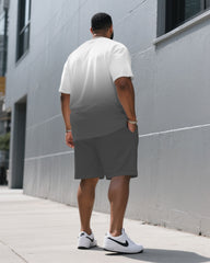 Men's Plus Size Grey & White Gradient Chest Vacation Small Label Coconut Tree Printed Round Neck Short Sleeve T-Shirt Suit Pants