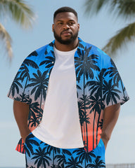 Big Men's Hawaii Theme Gradient Coconut Trees Printed Short Sleeve Shirt Shorts 2-Piece Suits