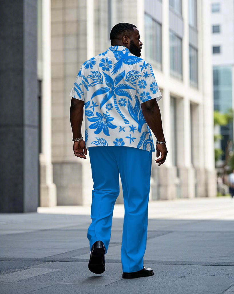 Hawaiian Blue Plant World Pattern Short Sleeve Shirt Trousers Set Big & Tall Men