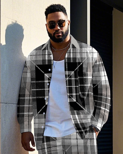 Big Guy's Gradient Black & White Plaid Printed Daily Casual Long Sleeve Shirt Pants Set