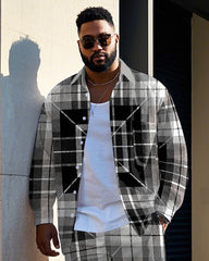 Big Guy's Gradient Black & White Plaid Printed Daily Casual Long Sleeve Shirt Pants Set