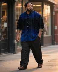 Big & Tall Men's Business Black And Blue Gradient Pattern Printed Long Sleeve Shirt Trousers Suit