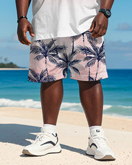 Big & Tall Men's Hawaiian Pink Coconut Print Round Neck Short Sleeve T-Shirt Shorts Suit