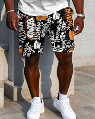 Men's Plus Size Street Fashion Chest Stereoscopic Projection "B" Printed Short-sleeved T-shirt Shorts Suit