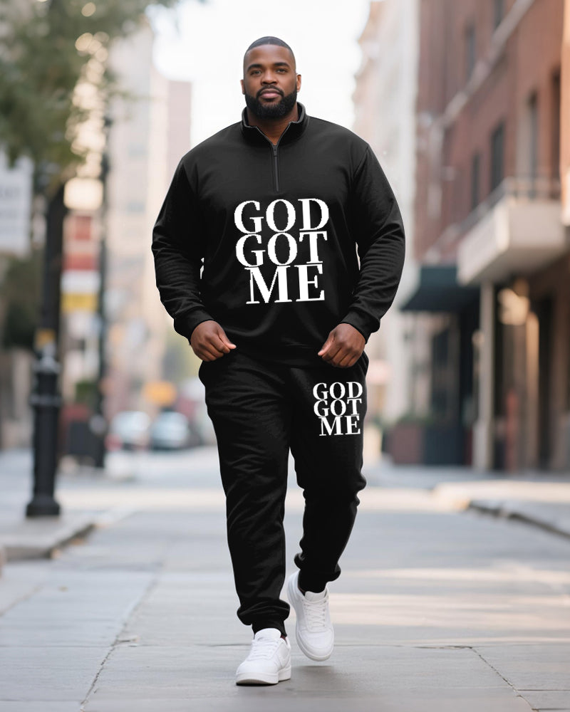 Big & Tall Men's GOD GOT ME Printed POLO Collar Zipper Long Sleeve Pants Two-Piece Set