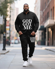 Big & Tall Men's GOD GOT ME Printed POLO Collar Zipper Long Sleeve Pants Two-Piece Set