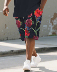 Men's Plus Size Street Dark Blue Patchwork Graffiti Floral Print Round Neck Short Sleeve T-Shirt Shorts Suit