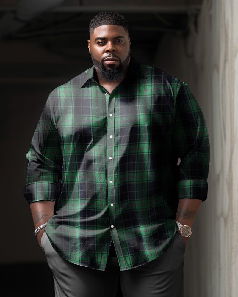 Big Men's Classic Casual Black Green Plaid Long Sleeve Lapel Shirt