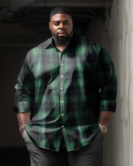 Big Men's Classic Casual Black Green Plaid Long Sleeve Lapel Shirt