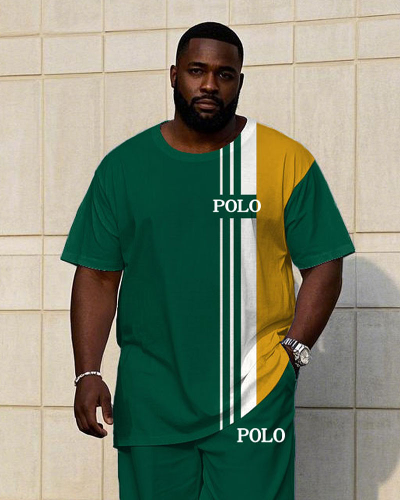 Men's Plus Size Casual Green & Yellow Color-block Small Label Printed Short-sleeved T-shirt Trousers Suit