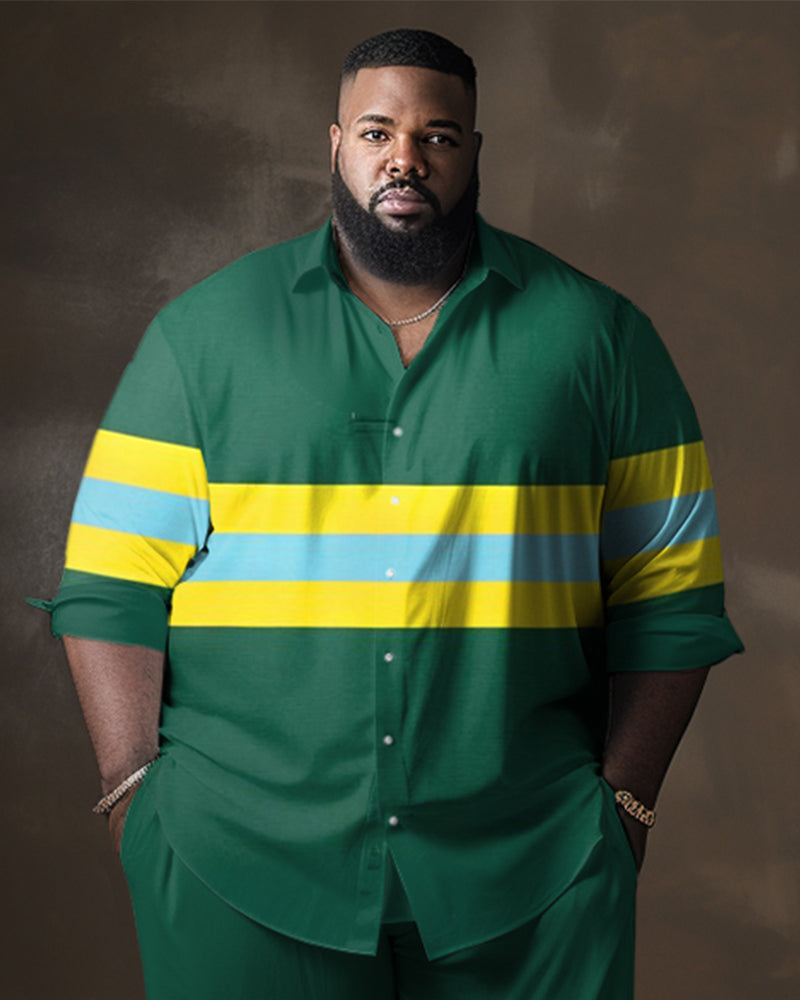 Men's Big & Tall Casual Gentleman Green and Yellow Colorblock Long Sleeve Lapel Shirt Set