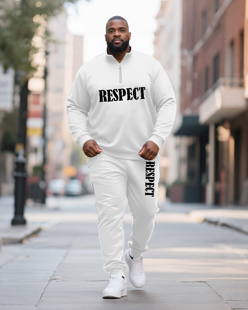 Big & Tall Men's RESPECT Solid Color Printed POLO Collar Zipper Long Sleeve Pants Two-Piece Set
