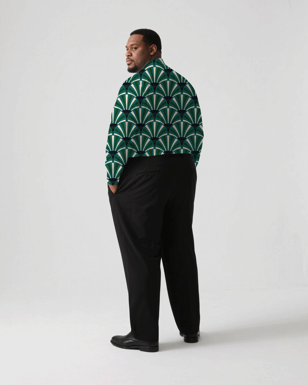 Men's Plus Size Business Green Court Pattern Style Printed Long Sleeve Shirt Trousers Suit