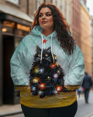 Women's Plus Fashion Colorful Lanterns Cat Print Long Sleeve Hoodie