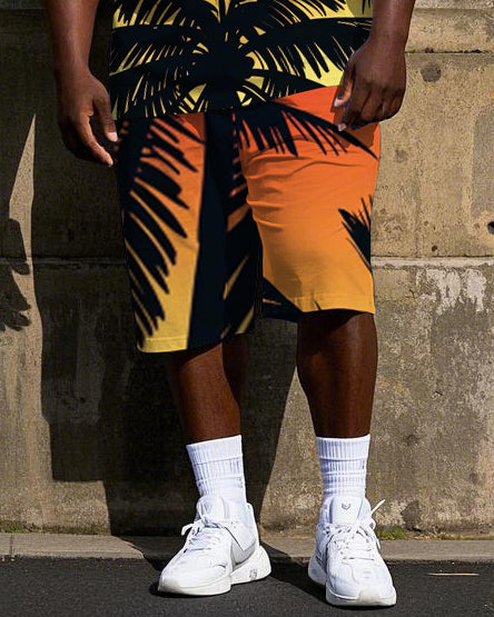 Big Men's Hawaiian Bright Sunset Coconut Trees Printed Casual Short Sleeve T-shirt Shorts Set
