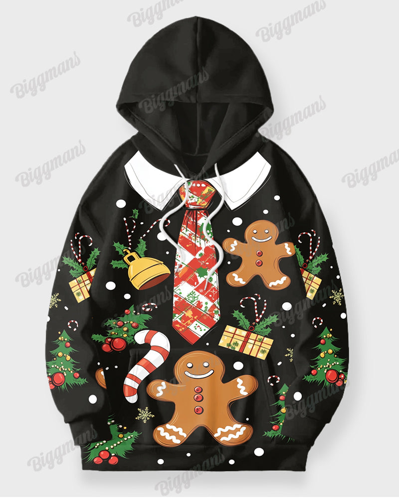 Men’s Christmas Black Gingerbread Man Tie Print Big & Tall Hoodie Set