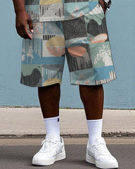 Men's Big Size Funny Splicing Plaid Print Hawaiian Short Sleeve T-Shirt and Shorts Set