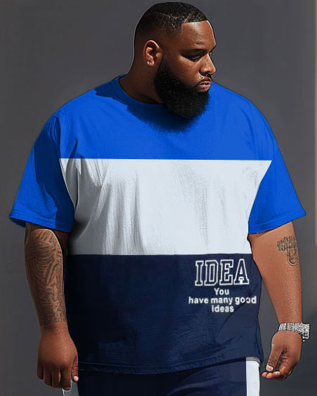 Men's Large Casual Colorblock Alphabet Print Short Sleeve Trousers Suit