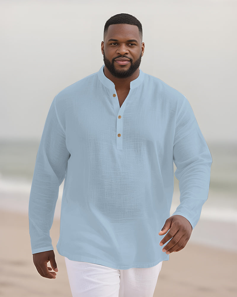 Big & Tall Men's Everyday Solid Color Bamboo Hemp Texture Henry Collar Long Sleeve Shirt