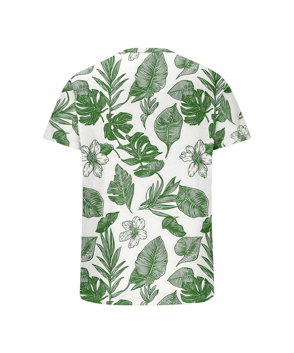 Men's Plus Size Hawaiian Green Leaf Floral Print Henley Collar Button Short Sleeve Tee
