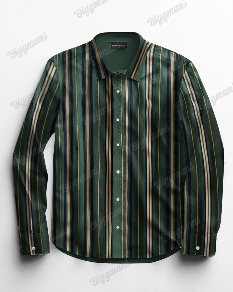 Big Guy's Classic Casual Yellow Green Striped Long Sleeve Lapel Shirt