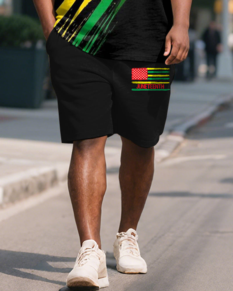 Men's Plus Size Juneteenth Graffiti Print Henley Collar Short Sleeve T-Shirt Shorts Suit