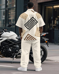 Men's Plus Size Business Apricot Striped Geometric Print Short Sleeve Shirt Trousers Suit