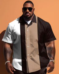 Big Guys Simple Striped Colorblock Printed Short Sleeve Shirt And Shorts Set