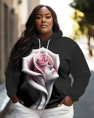 Women's Plus Simple Fashion Pink Rose Women Art Print Long-sleeved Hoodie