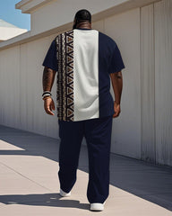 Men's Plus Size Daily Casual Blue Colorblock Ethnic Style Printed T-shirt Trousers Suit