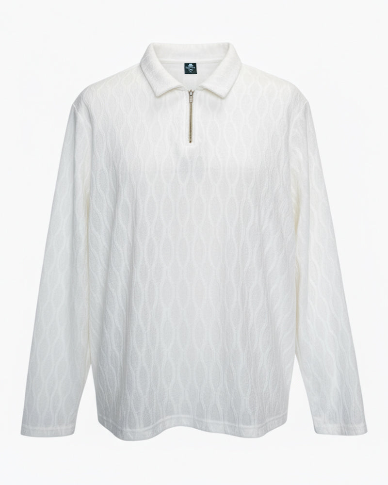Big & Tall Men's White-Autumn And Winter Jacquard Texture Knitted Fabric Metal Zipper Long Sleeve POLO Shirt