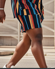 Big Man's Confident Daily Casual Multicolor Striped Color Block Printed Short Sleeve Shirt Shorts Suit