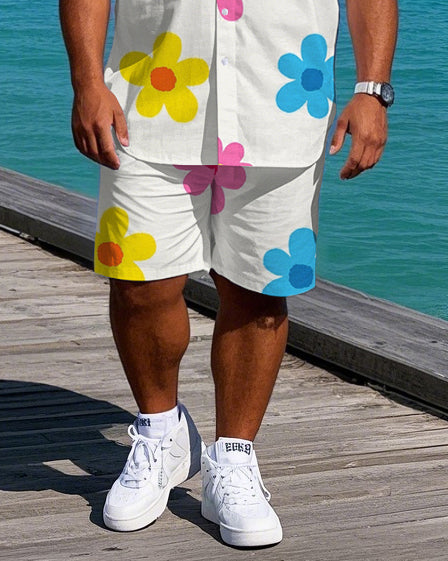 Big Men's Hawaii Theme Romantic Small Flower Printed Daily Casual Short Sleeve Shirt Shorts Set