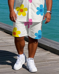 Big Men's Hawaii Theme Romantic Small Flower Printed Daily Casual Short Sleeve Shirt Shorts Set