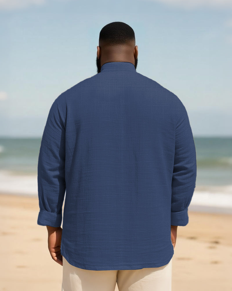 Big & Tall Men's Everyday College Style B Letter Icon Bamboo Hemp Texture Stand-up Collar Long Sleeve Shirt