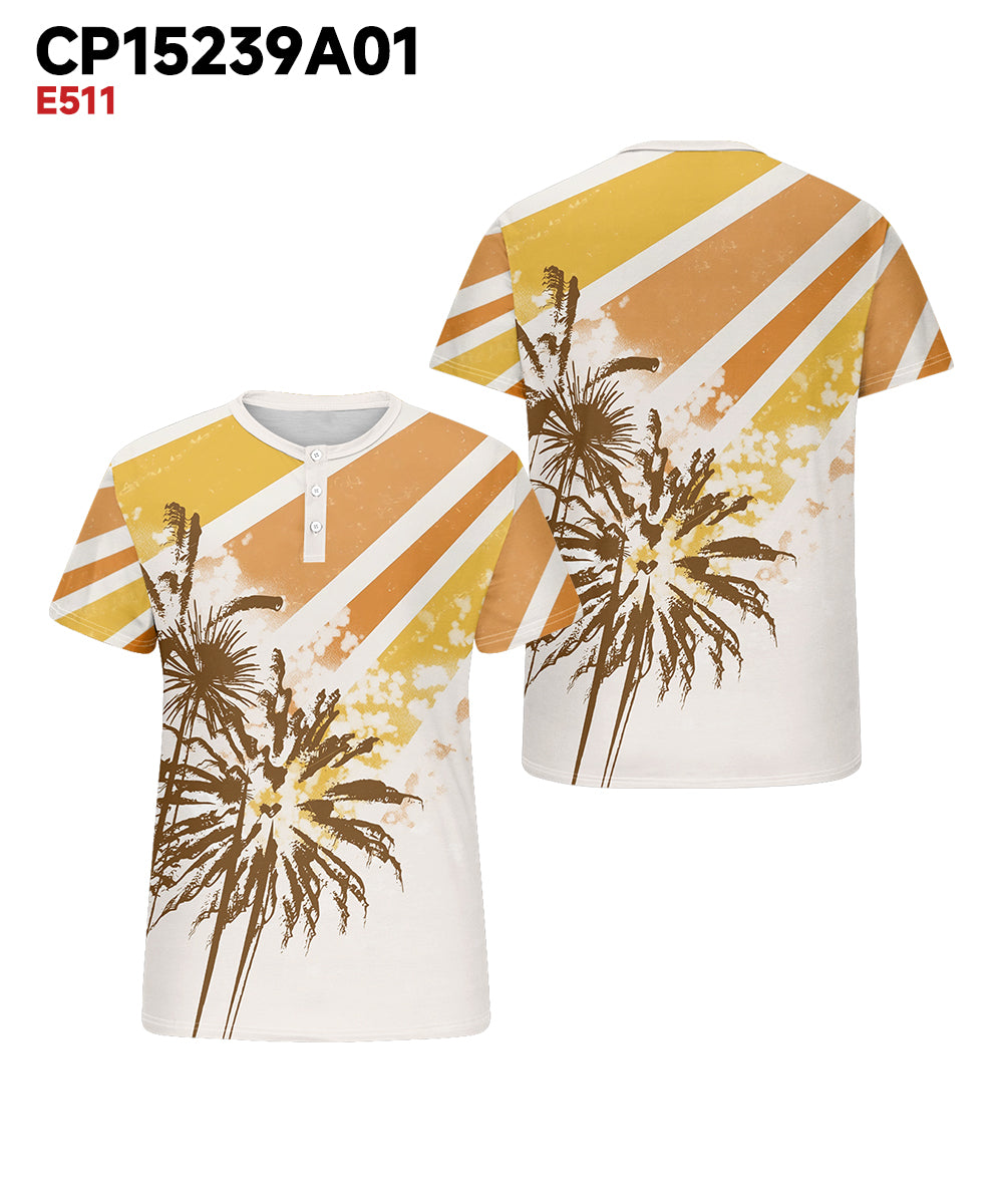 Men's Plus Size Daily Casual Yellow Striped Coconut Tree Print Henley Collar Button Short Sleeve T-Shirt