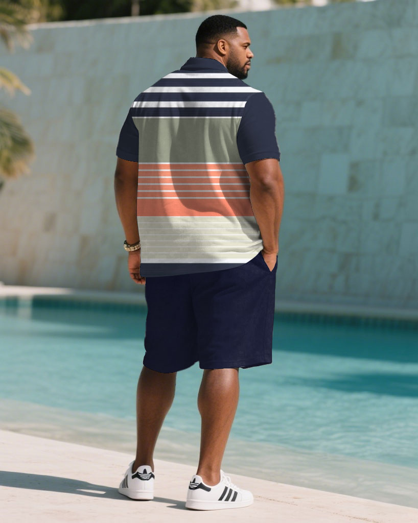 Big & Tall Men's Summer Dark Blue & White & Orange Striped Polo Short Sleeve Shirt Shorts Suit