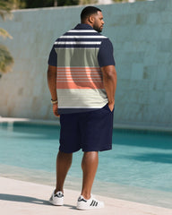Big & Tall Men's Summer Dark Blue & White & Orange Striped Polo Short Sleeve Shirt Shorts Suit