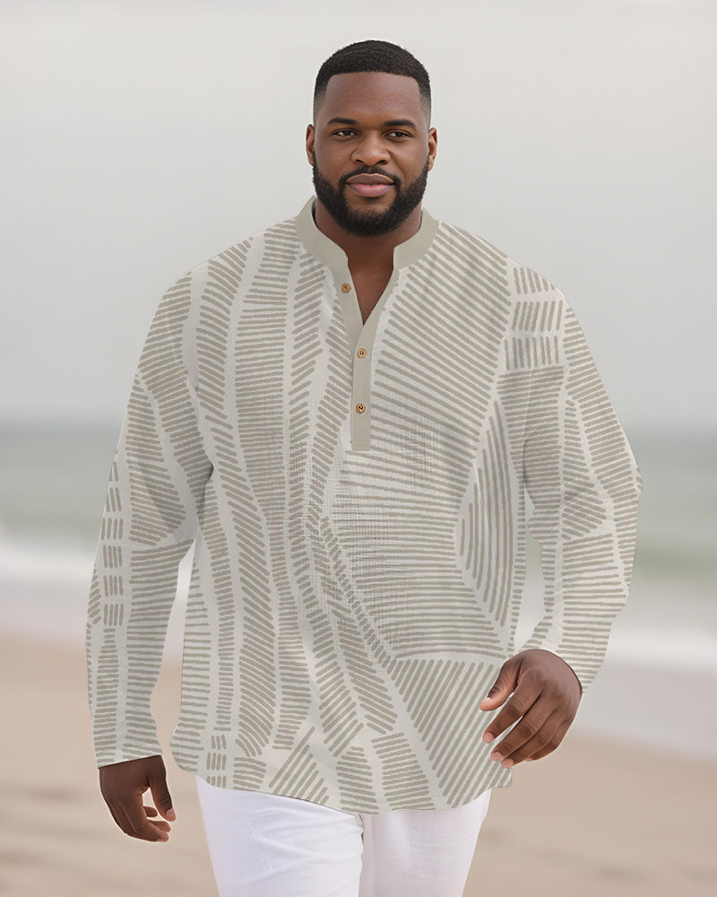 Big & Tall Men's Light Gray Leaf Print Bamboo Hemp Texture Henry Collar Long Sleeve Shirt