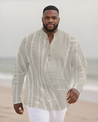 Big & Tall Men's Light Gray Leaf Print Bamboo Hemp Texture Henry Collar Long Sleeve Shirt