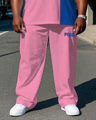 Big Men's Blue & Pink Color Block POLO Printed Casual Short Sleeve T-shirt Pants Set with Drawstring