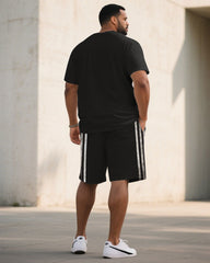 Big & Tall Men Black Striped Side Stitching Chest Slogan Printed Round Neck Short Sleeve T-Shirt Shorts Suit