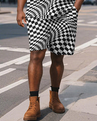 Men's Plus Size Business Black Wave Checkerboard Print Short Sleeve Polo Shirt Shorts Suit