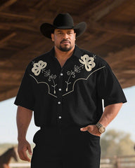 Western Denim-Men's Plus Size Simple Black Short Sleeve Shirt Pants Suit